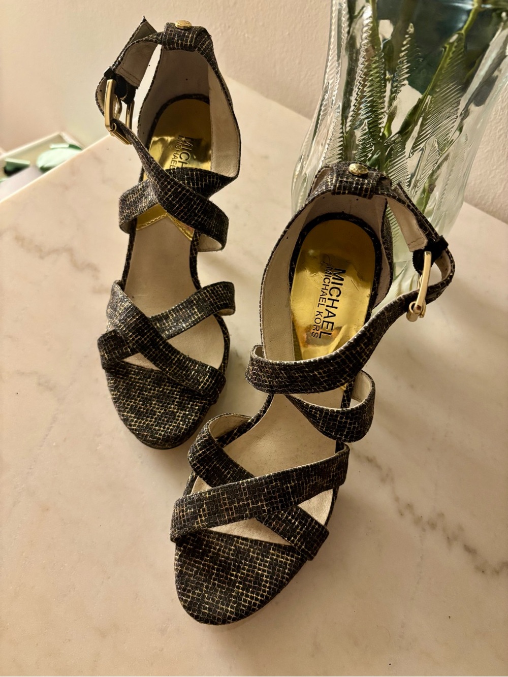 Michael Kors Black and Gold Textured Strappy Wedge Sandals